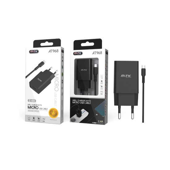 CHARGING ADAPTER WITH MICRO CABLE 2.4A MTK BLACK